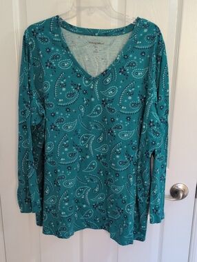 NWOT Woman Within Long Sleeve V Neck Top - Teal Paisley - 1X
